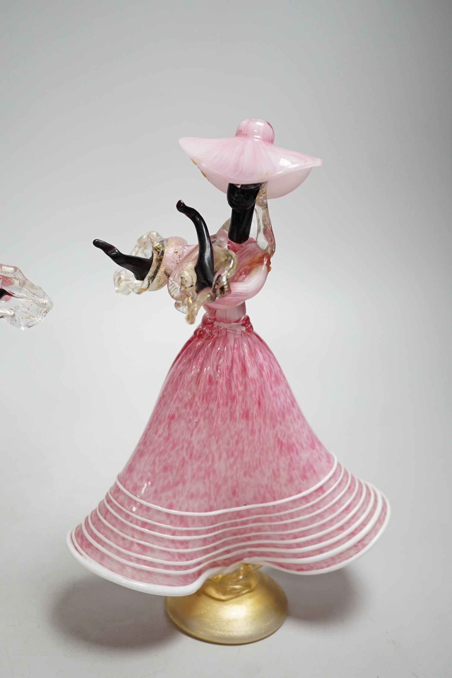 A pair of pink Italian glass Murano dancing figurines. Tallest 28cm